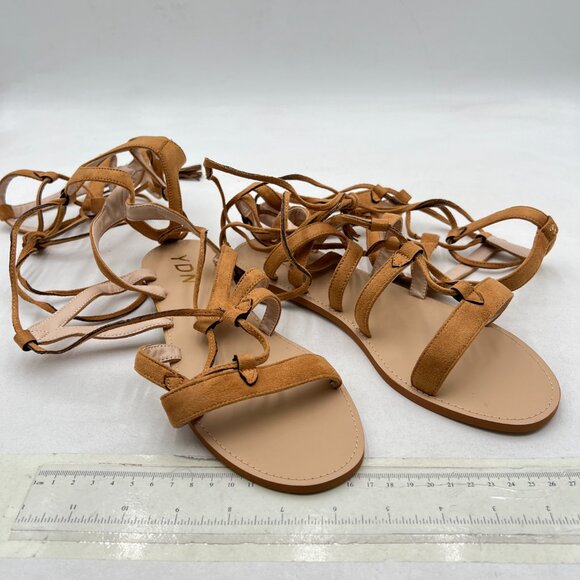 YDN Tan Sexy Knee High Lace up Flats Fringe Low Heel Gladiator Strap Sandals - Picture 4 of 8